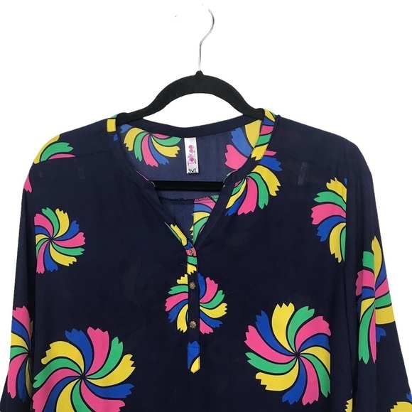 Talkee Navy Blue Multicolor Pinwheel Blouse 3XL - Picture 2 of 10